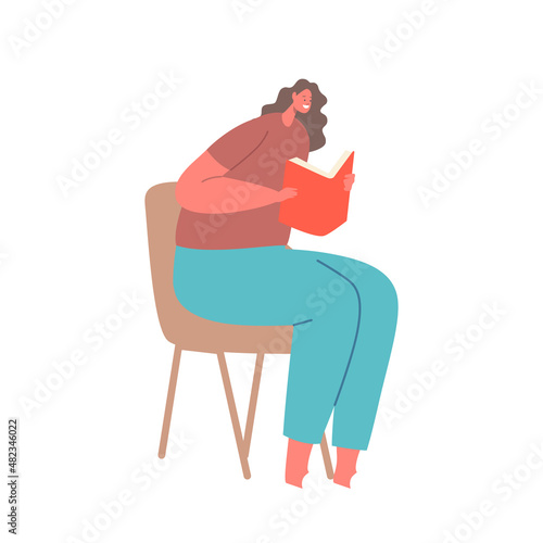 Education or Hobby Concept. Woman Sitting on Chair Reading Book. College or University Student Prepare to Exam or Homework