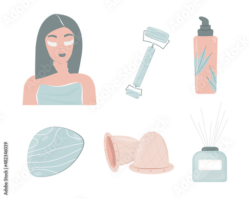 morning routine set. Girl with patches against puffiness and bruising under the eyes. Cosmetics. Items for massage and lymphatic drainage. Skinimism. Beauty rituals. Vector illustration, flat