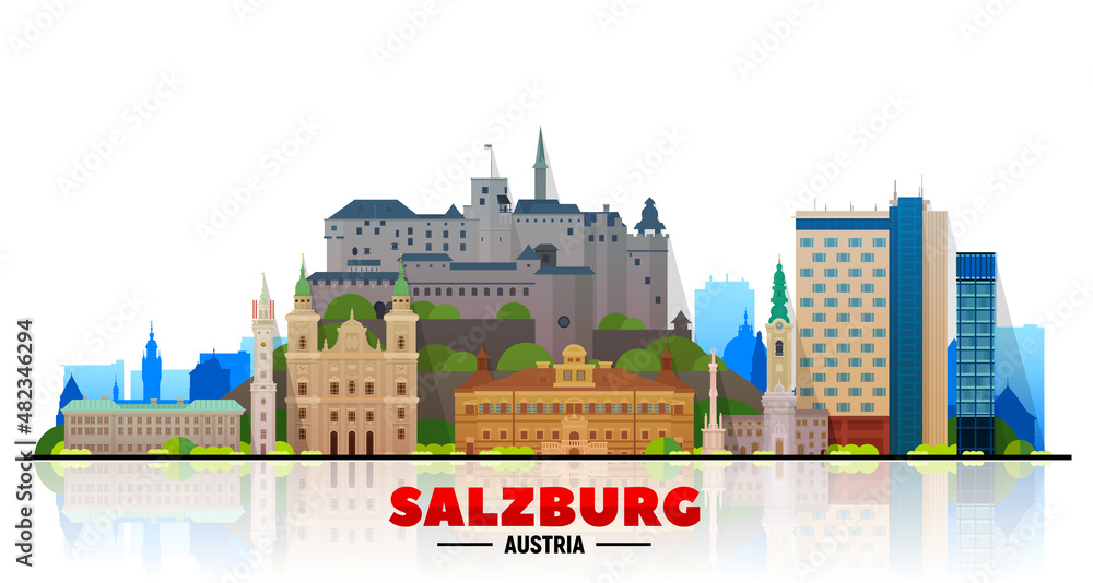 Naklejka premium Salzburg (Austria) city skyline vector at white background. Flat vector illustration. Business travel and tourism concept with modern buildings. Image for banner or website.