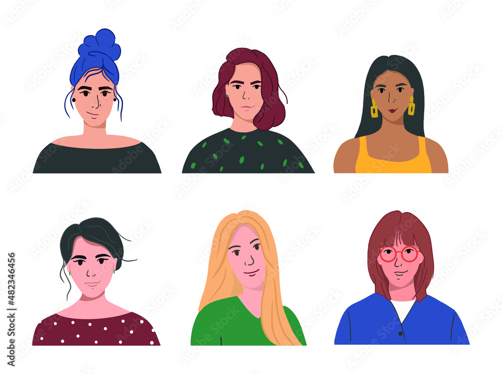 Set of modern female avatars.Collection of portraits of cute young stylish women.Color flat vector illustration Set of modern female avatars.Collection of portraits of cute young stylish women.Color flat vector illustration