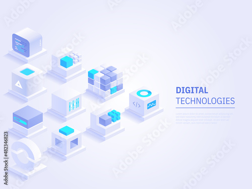 Web banner design of digital technologies concept. Abstract isometric cubes with text place on white background. Online communication and blockchain. Vector illustration of advertising landing page