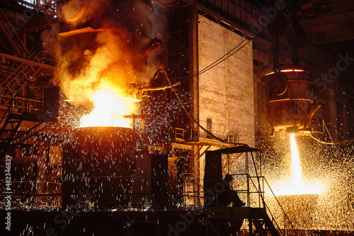 Ingot casting, metal sparks. Ladle-furnace. Iron smelting, Steel production. Electric steel furnace. Metallurgy. Industry steel production. 