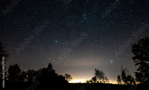 Panorama of the blue night sky milky way and a star on a dark background. With noise and grain. Long exposure photo and select white balance. © Константин Чернышов