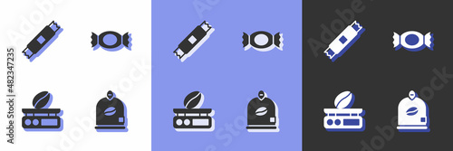 Set Bag of coffee beans, Sugar stick packets, Electronic scales and Candy icon. Vector
