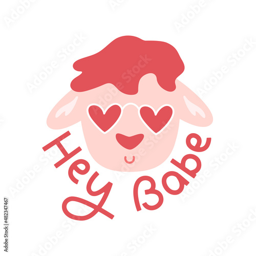 Lovely cute animal card. Funny sheep in heart shaped glasses and text hey babe. Valentine's Day simple print, banner, sticker. Vector illustration.