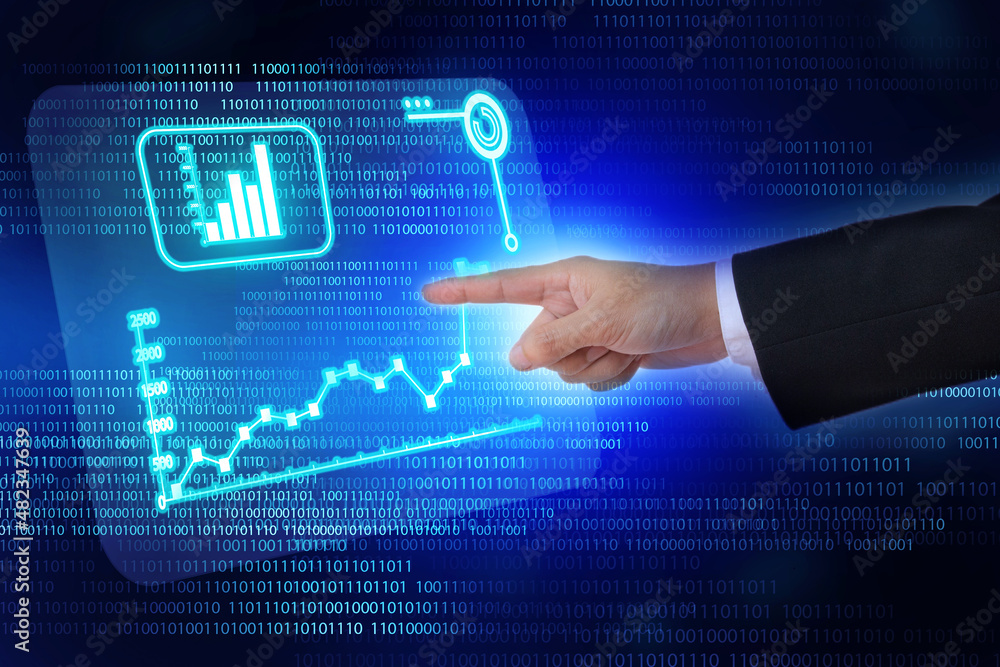 Businessman press on digital screen, digital transformation in business and financial analytics concept Businessman press on digital screen, digital transformation in business and financial analytics concept