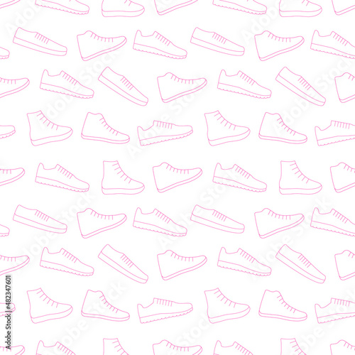 Pink sneakers shoes vector background seamless repeating pattern. Men and women sport footwear. Thin line style. Editable template.