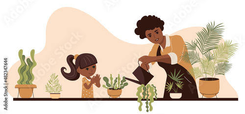 African American mother and daughter watering flowers. Houseplant care. Flat vector illustration