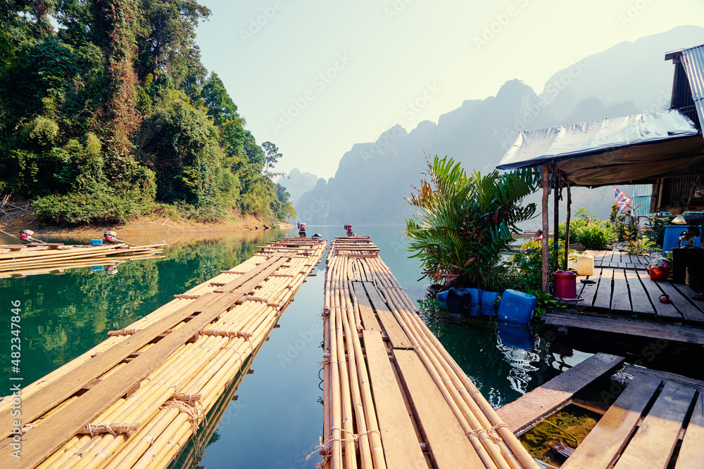Beautiful  landscape with lake, mountains and natural attractions in Ratchaprapha Dam at Khao Sok National Park, Surat Thani Province, Thailand.