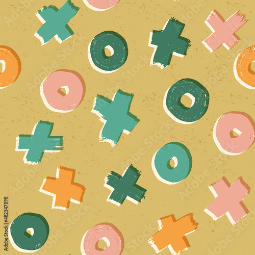 Tic-tac-toe, oughts and crosses game abstract seamless pattern in trendy retro palette. Vector hand-drawn illustration.