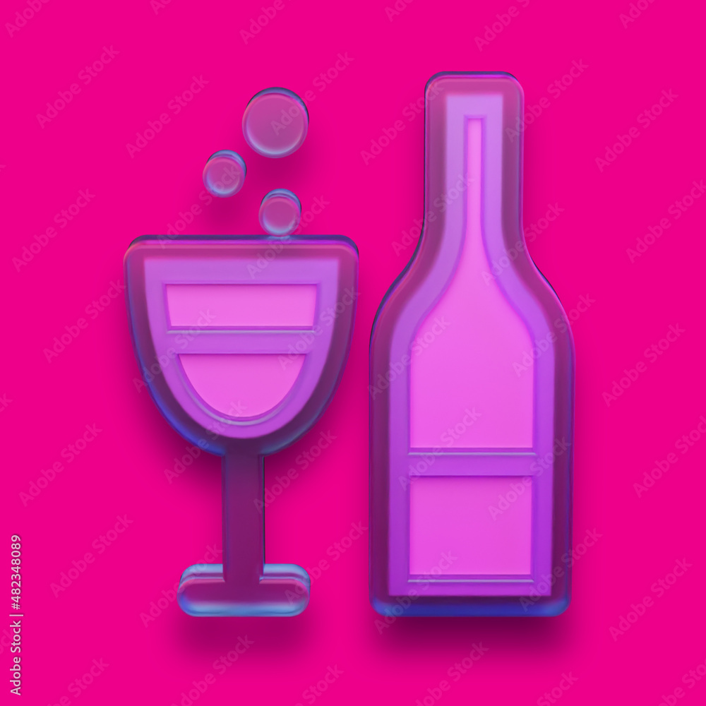 Champagne bottle and wineglass symbol. Valentine's day concept icon in plastic or glass design with reflection. Drinking and romantic holiday celebration. Vector conceptual pictogram for mobile app Champagne bottle and wineglass symbol. Valentine's day concept icon in plastic or glass design with reflection. Drinking and romantic holiday celebration. Vector conceptual pictogram for mobile app