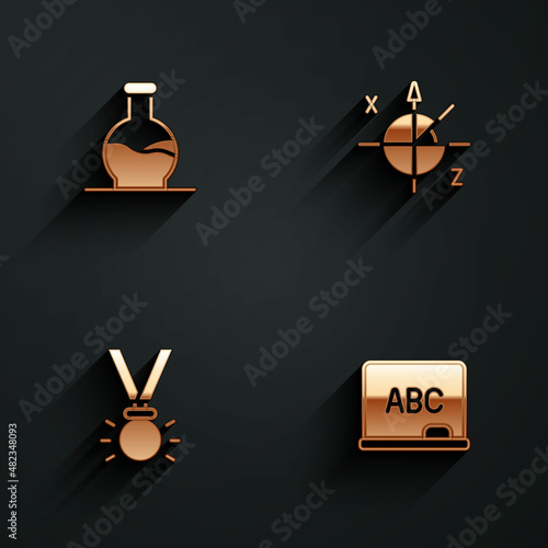 Set Test tube, Trigonometric circle, Medal and Chalkboard icon with long shadow. Vector