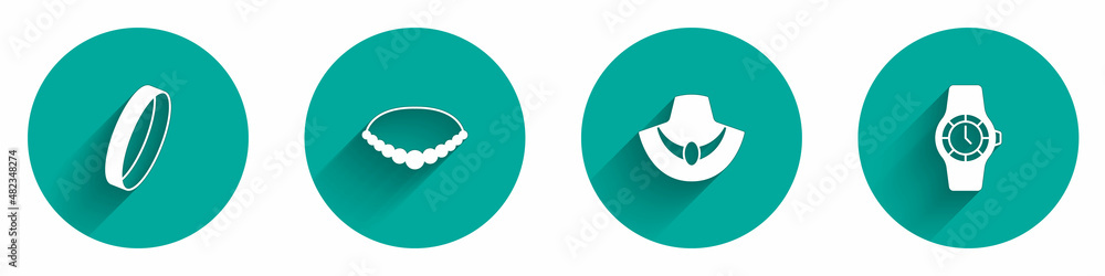 Set Wedding ring, Pearl necklace, Necklace on mannequin and Wrist watch icon with long shadow. Vector Set Wedding ring, Pearl necklace, Necklace on mannequin and Wrist watch icon with long shadow. Vector