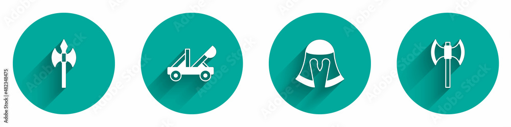 Set Medieval axe, catapult, helmet and poleaxe icon with long shadow. Vector