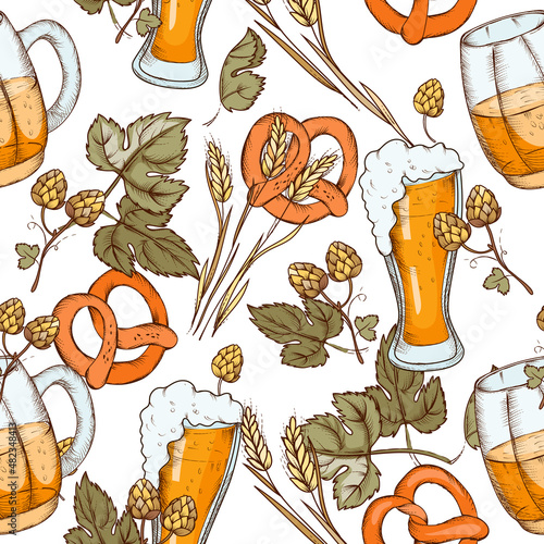 Seamless pattern with beer glasses and hops. Repeatable endless pattern for wrapping and packaging design with beer brewing items, barley and pretzels, hand drawn sketch vector background.