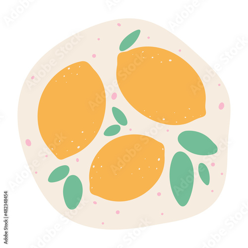 Flat lemon hand drawn vector illustration. Ripe fruit  juicy organic food abstract drawing isolated on pastel beige background. Trendy home decor. Modern color print 