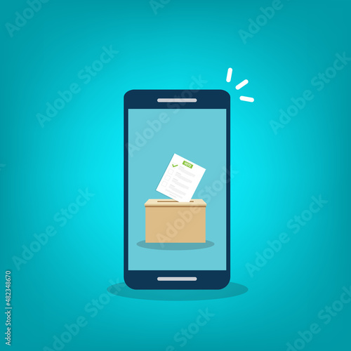Mobile phone with voting ballot in ballot box. Voting online, e-voting, election internet system. Flat design. Vector illustration