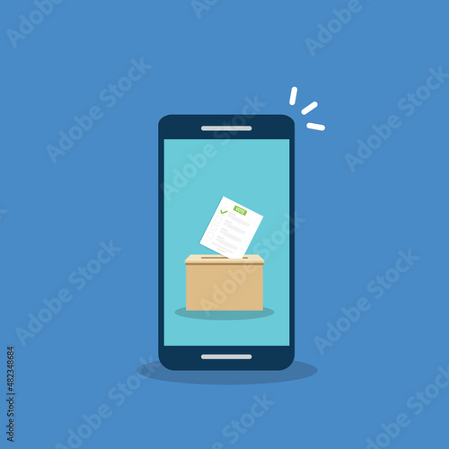 Mobile phone with voting ballot in ballot box. Voting online, e-voting, election internet system. Flat design. Vector illustration