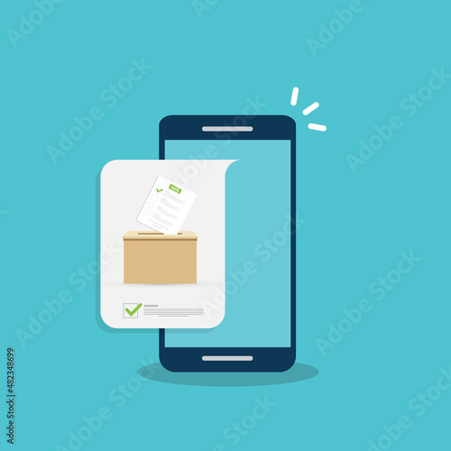 Mobile phone with voting ballot in ballot box. Voting online, e-voting, election internet system. Flat design. Vector illustration