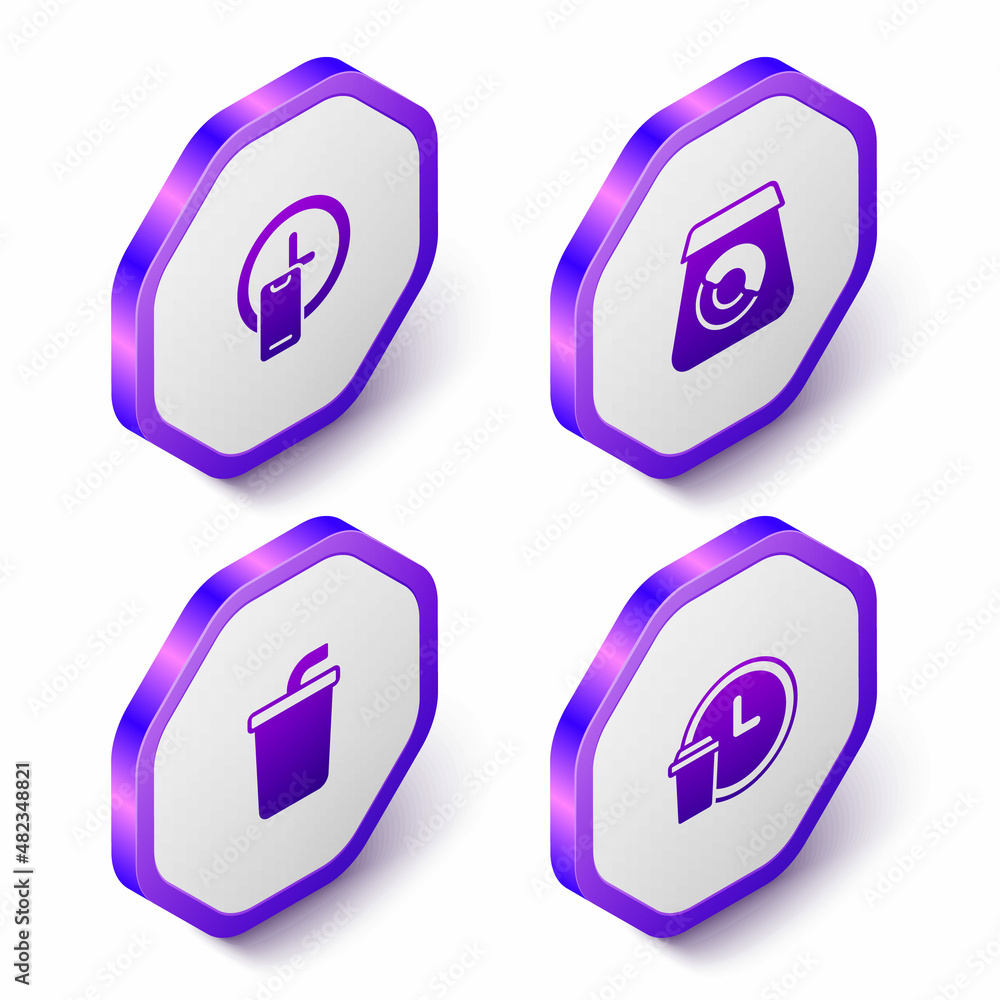 Set Isometric Round the clock delivery, Online ordering food, Paper glass with water and icon. Purple hexagon button. Vector Set Isometric Round the clock delivery, Online ordering food, Paper glass with water and icon. Purple hexagon button. Vector