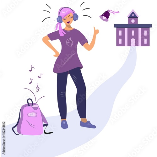 Emo girl dances and sings with headphones at recess at school. A modern teenage girl listens to music on her way to school. Young music lover. Bright purple trendy shades vector cartoon in flat style.