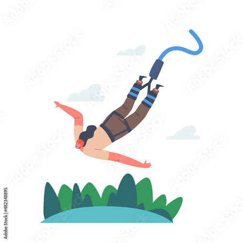 Extreme Sports Activity, Bungee Jumping Concept. Brave Female Character Jump with Rope from Great Height. Fun Recreation