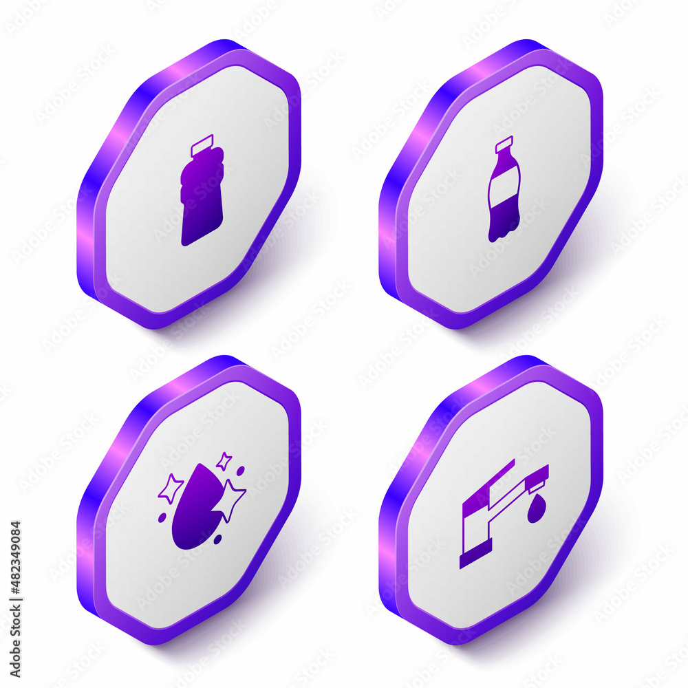 Set Isometric Bottle of water, Water drop and tap icon. Purple hexagon button. Vector Set Isometric Bottle of water, Water drop and tap icon. Purple hexagon button. Vector