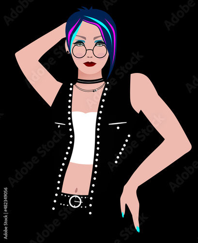 A fashion portrait of a punk rock woman in black leather outfit with metal rivets, with multi-colored hair (blue and purple) and round glasses on. Vector flat illustration with a negative space. 