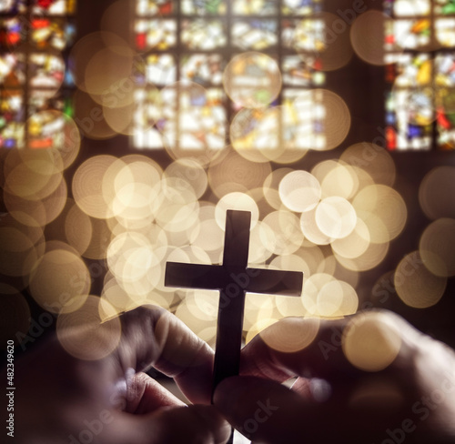 Abstract religious crucifix cross in church interior Fototapet