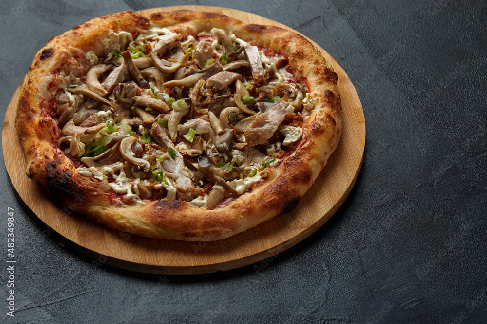 Delicious homemade pizza with mozzarella, mushrooms, beef and chicken. Dark background, selective focus.