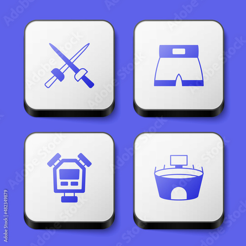Set Fencing, Boxing short, Stopwatch and Stadium icon. White square button. Vector