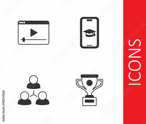 Set Award cup, Online play video, class and Graduation cap on mobile icon. Vector