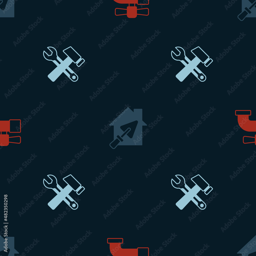 Set Water tap, House with trowel and Hammer and wrench spanner on seamless pattern. Vector Set Water tap, House with trowel and Hammer and wrench spanner on seamless pattern. Vector