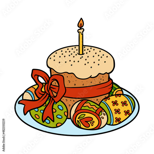 Cartoon illustration for children, Easter cake and colored eggs