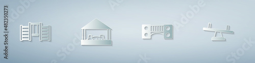 Set Swedish wall, Sandbox with sand, Playground kids bridge and Seesaw. Paper art style. Vector