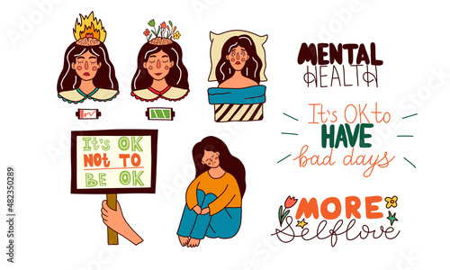 Mental health set. Depression, burn out, insomnia