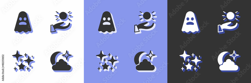 Set Moon and stars, Ghost, Magical glitter particles and Ball levitating above hand icon. Vector