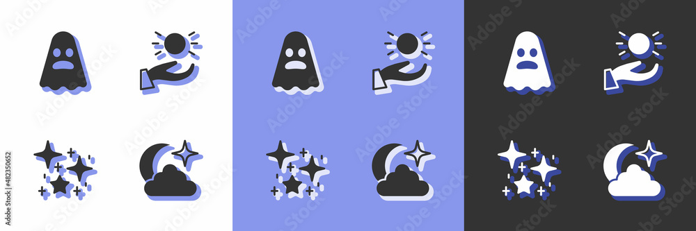 Set Moon and stars, Ghost, Magical glitter particles and Ball levitating above hand icon. Vector Set Moon and stars, Ghost, Magical glitter particles and Ball levitating above hand icon. Vector