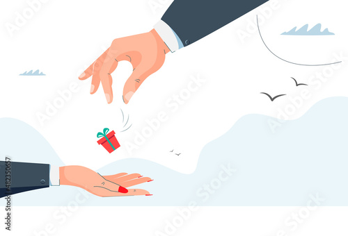 Valentine day. A man's hand gives a gift to a woman's hand. Gift exchange. Vector image