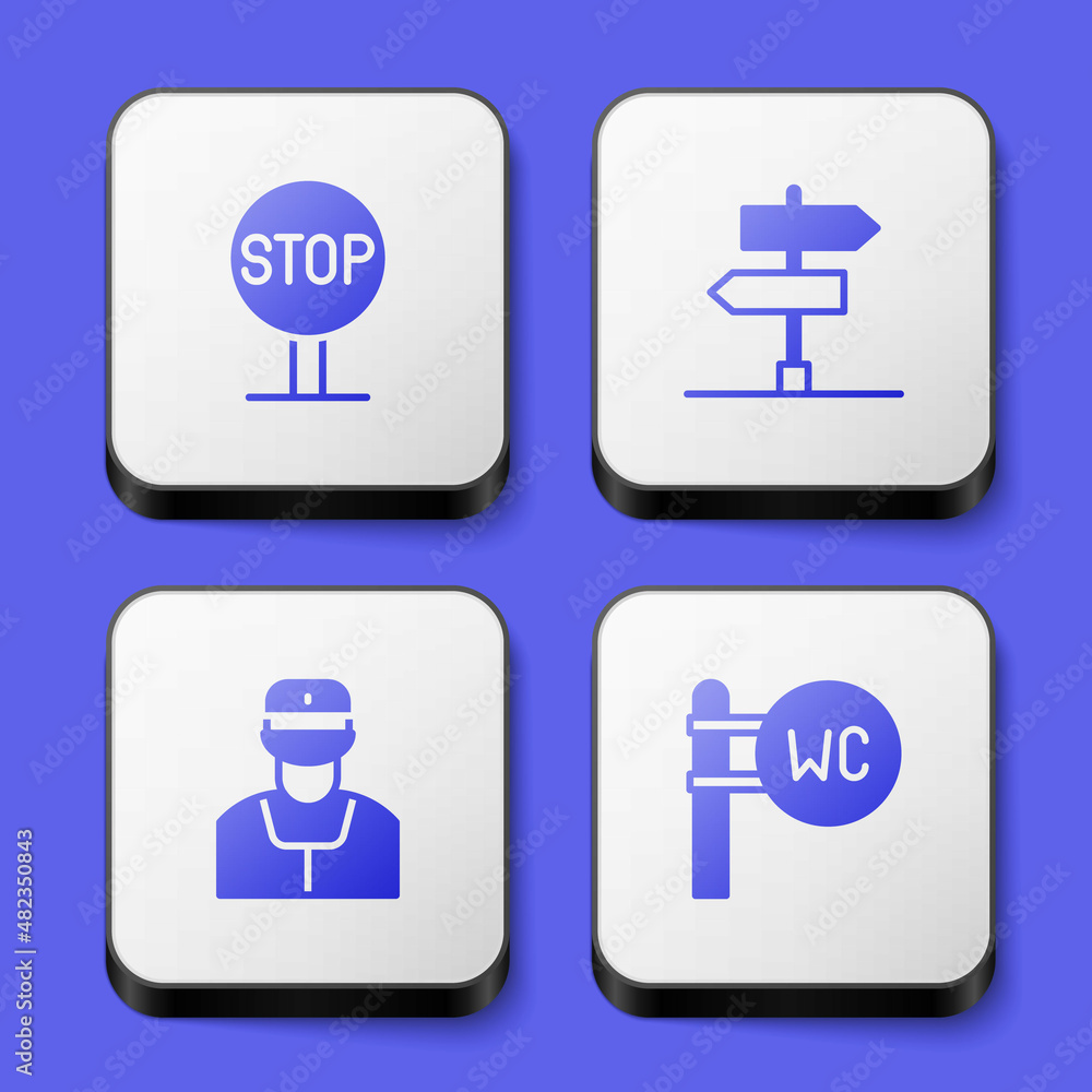 Set Stop sign, Road traffic, Train conductor and Toilet icon. White square button. Vector Set Stop sign, Road traffic, Train conductor and Toilet icon. White square button. Vector