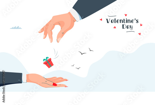 Valentine day. A man's hand gives a gift to a woman's hand. Gift exchange. Vector image