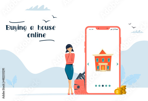 Online sale or rent house. Mobile app template. Beautiful woman. Real estate booking app on smartphone screen. Vector