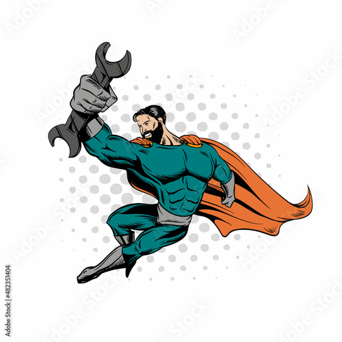 Superhero bearded hipster holding wrench. Hand drawn vector illustration