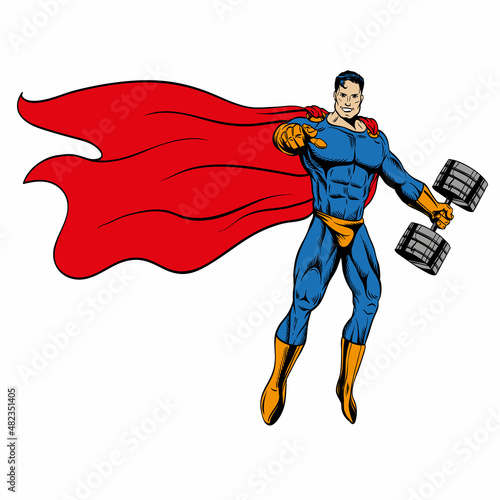 Superhero holding barbell. Hand drawn vector illustration 
