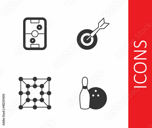 Set Bowling pin and ball, Air hockey table, Board game and Classic dart board arrow icon. Vector