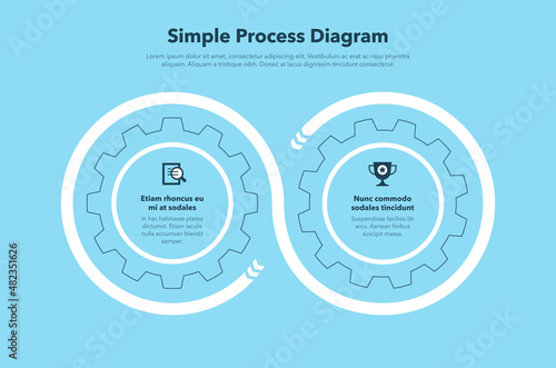 Modern gear business process diagram with 2 steps - blue version. Easy to use for your website or presentation.
