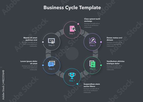 Simple concept for business cycle diagram with six steps and place for your description - dark version. Flat infographic design template for website or presentation.