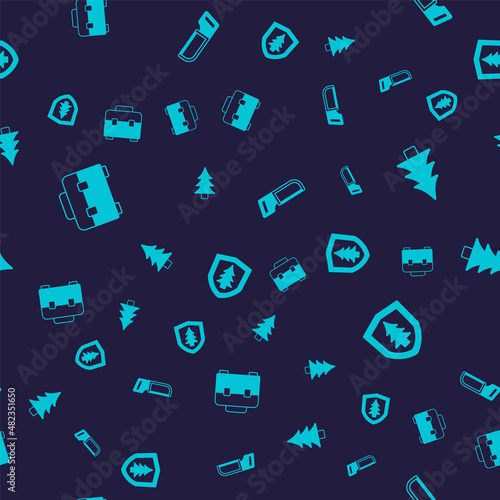 Set Toolbox, Tree, Hacksaw and Shield with tree on seamless pattern. Vector