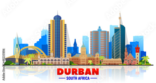 Durban (South Africa) skyline with panorama at white background. Vector Illustration. Business travel and tourism concept with modern buildings. Image for banner or website. photo