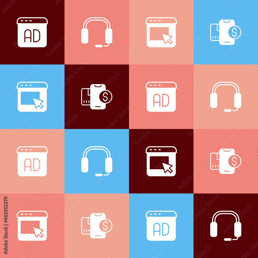 Set pop art Advertising, Headphones, and Mobile with dollar icon. Vector Set pop art Advertising, Headphones, and Mobile with dollar icon. Vector